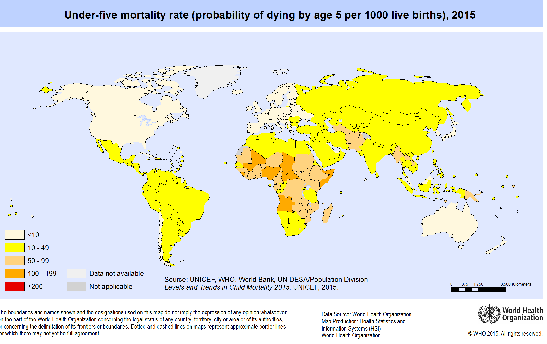 World Map of under-five mortality, 2015
