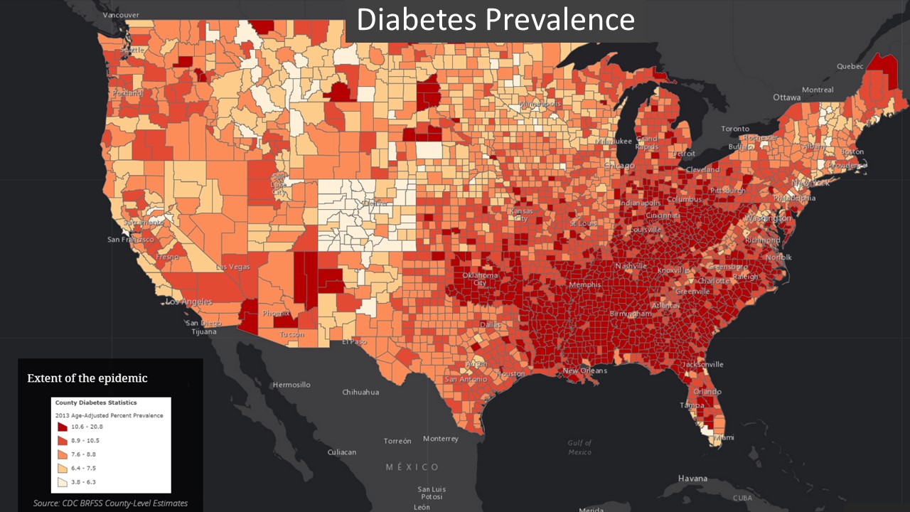 Map of prevalence of diabetes in the United States