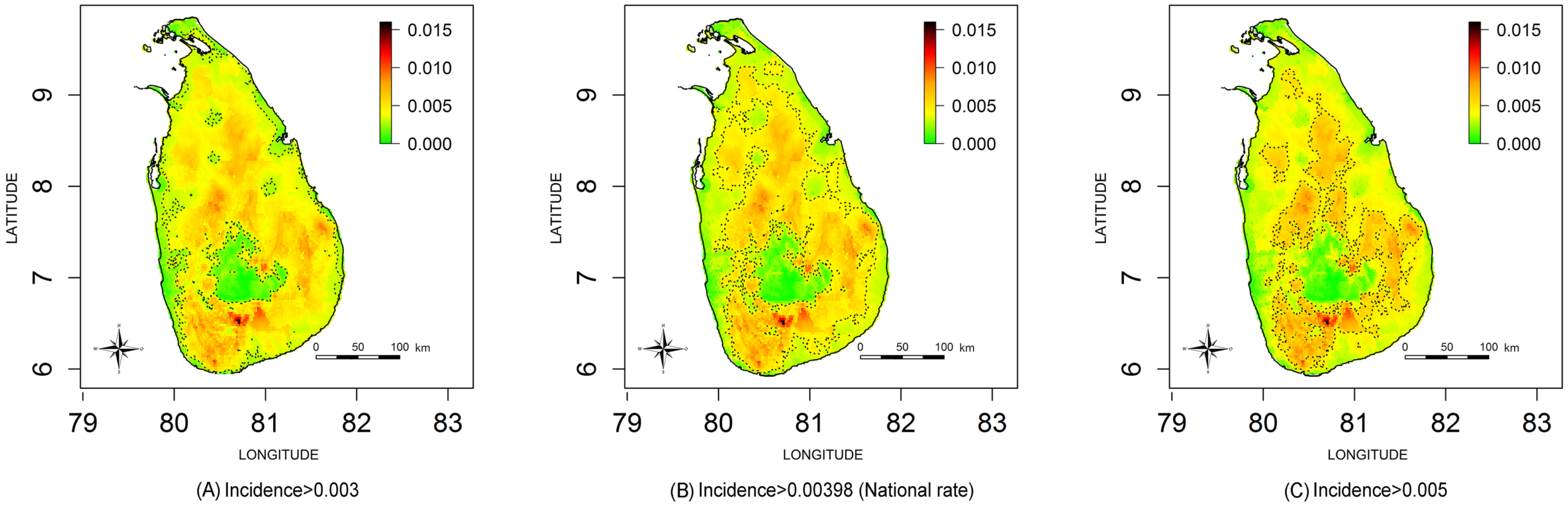 Geographical variation in snake bite incidence per person per year in Sri Lanka September 2011 to August 2012 