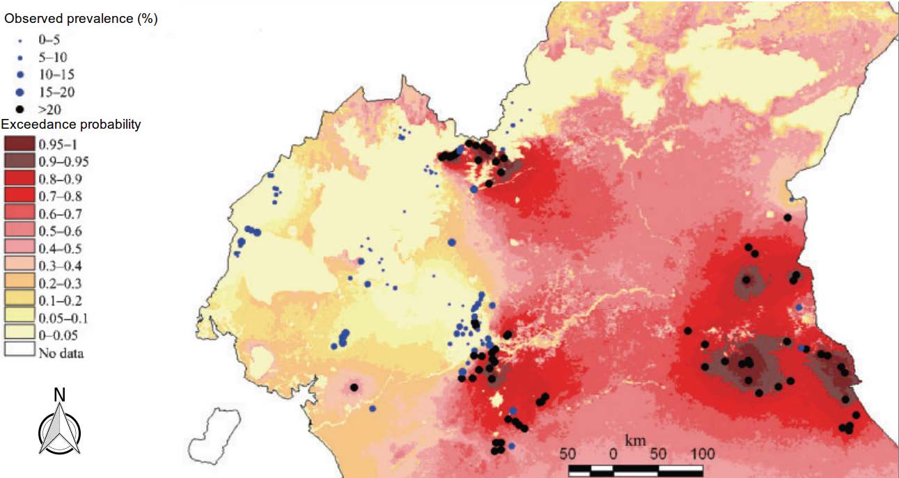 Predictive probability that prevalence of Loaloa in rural communities in Cameroon 